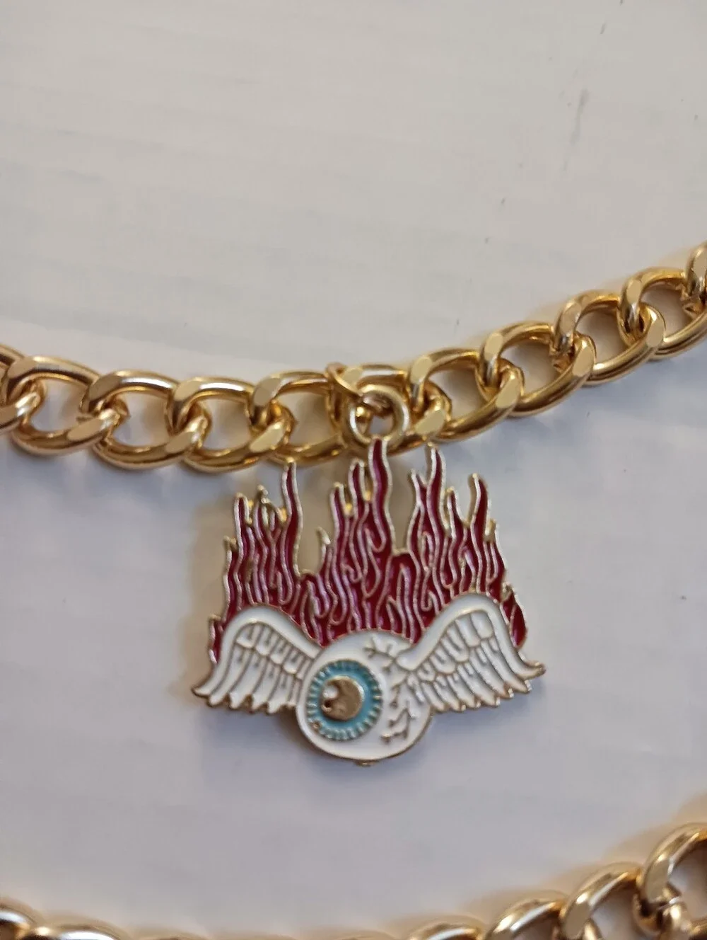 VON DUTCH Double Chain CHARM Belt Gold-tone Enamel Eyeball Flames Size S/M New